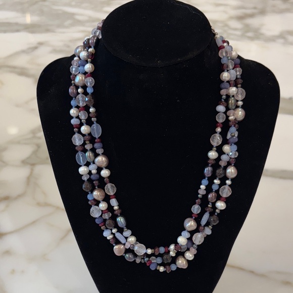 Sundance Catalog Triple Hand Knotted NK. Freshwater Pearls Chalcedony Garnet